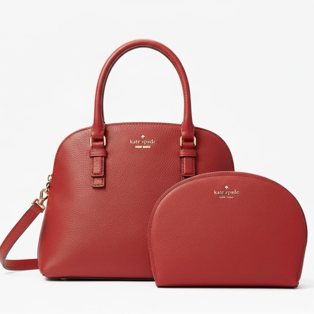 Kate Spade Bundle Jackson Street Lottie Satchel + Matching Pouch Cherry Red EUC